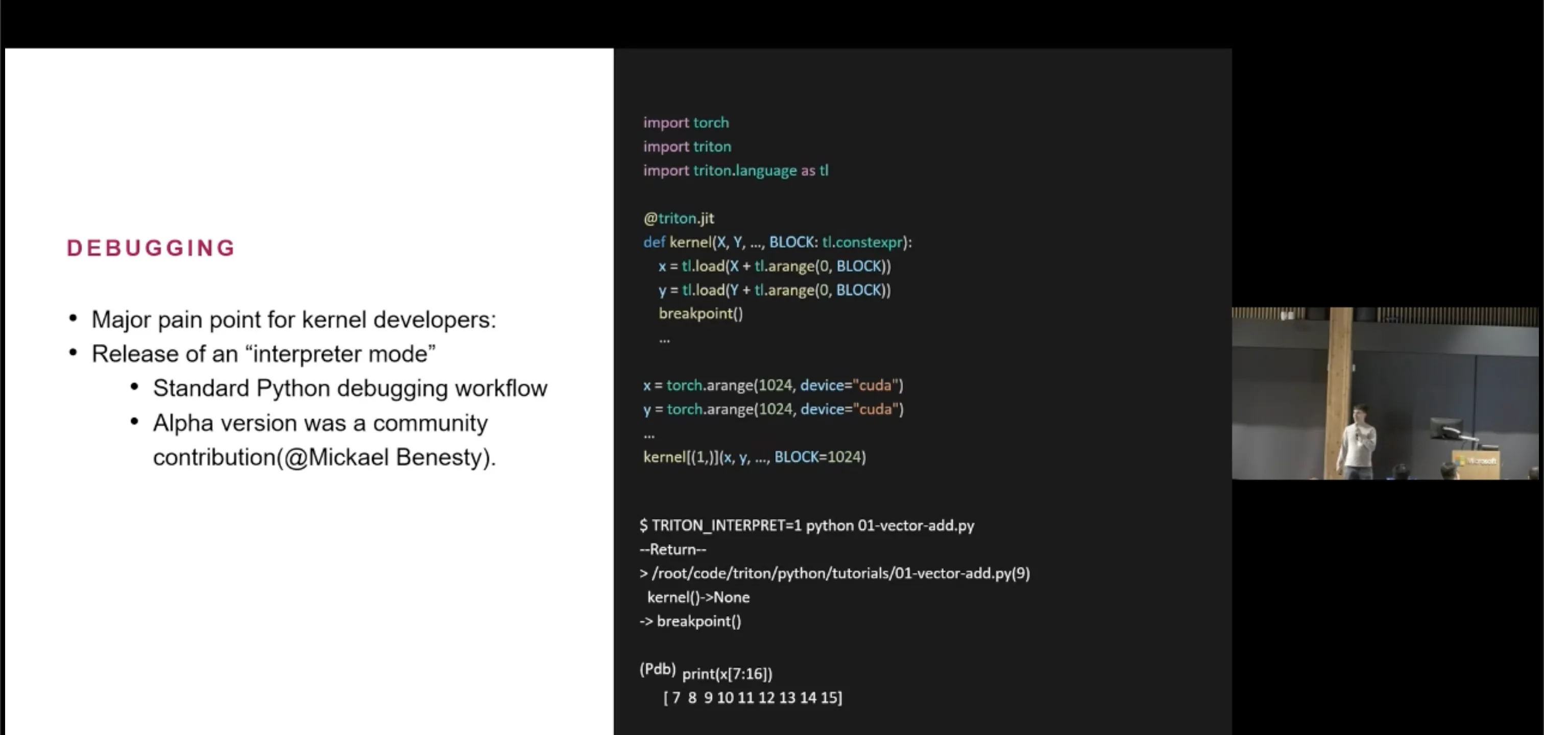 Slide from the first Triton conference highlighting an “interpreter mode” and citing a community contribution.
